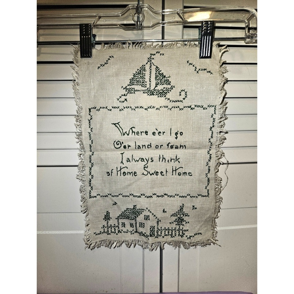 Vintage Handmade Cross Stitch Sampler Home Sweet Home Sailboat Linen Fringed